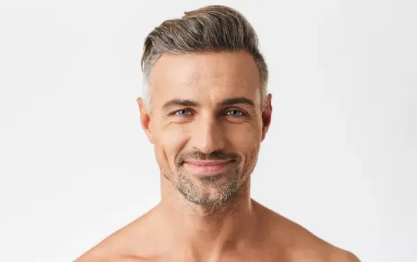 Closeup portrait of european half naked man 30s having bristle smiling at camera
